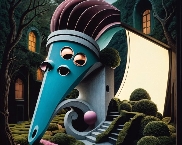 Whimsical Bird Head Structure in Vibrant Garden Setting