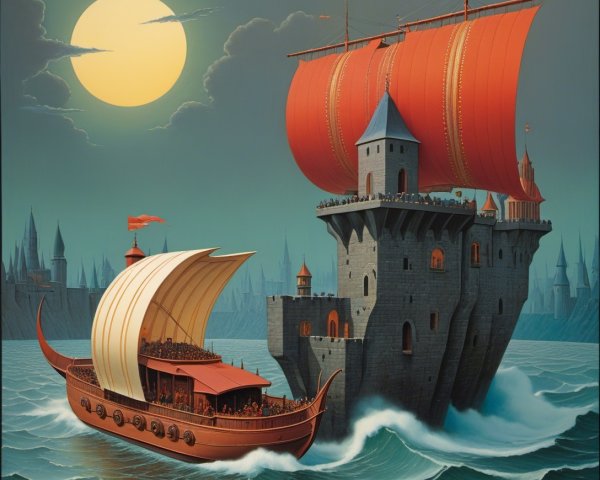 Castle by Choppy Sea with Red-Sailed Ship and Moonlight