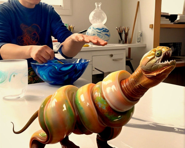 Young Boy's Creative Art Project with Whimsical Creature