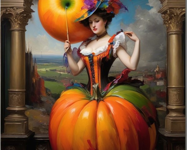 Whimsical Woman in Pumpkin-Inspired Gown and Umbrella