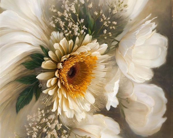 Floral Arrangement of White Blooms and Sunflower