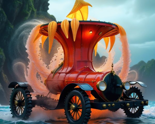 Whimsical Vintage Car in Mystical Ocean Setting