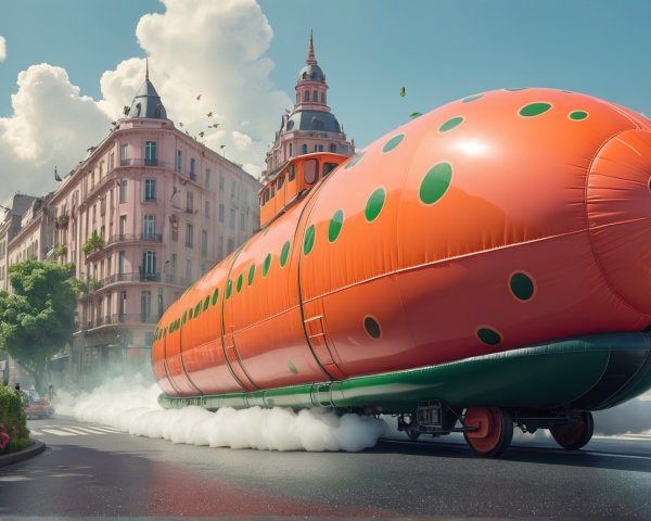 Inflatable Submarine Vehicle in City with Mist and Clouds