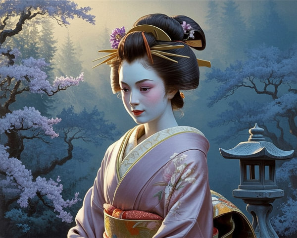 Sophisticated Geisha in a Wintery Forest Oil Painting