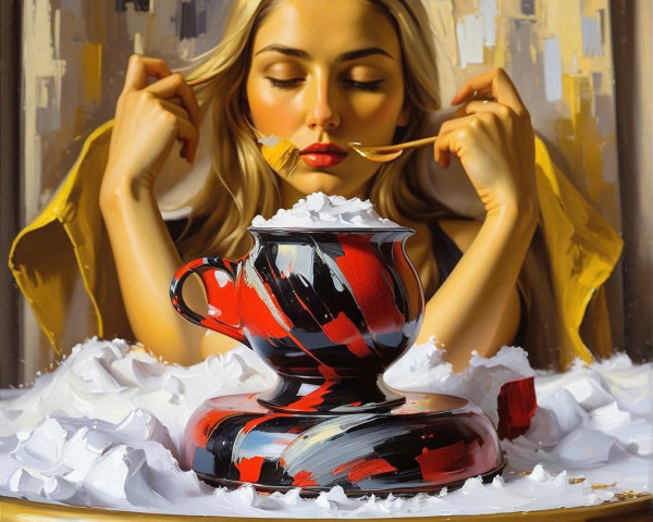 Woman Tasting Dish with Artistic Background Elements