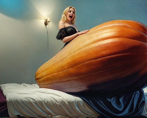 Surreal Scene of Woman and Giant Pumpkin in Bedroom