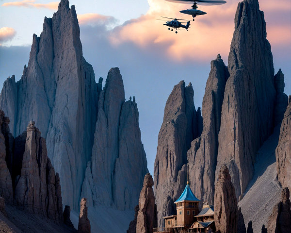 Dramatic Landscape with Rock Formations and Sunset Sky