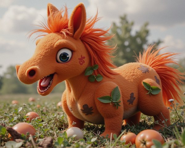 Vibrant Orange Pony in Grassy Field with Eggs