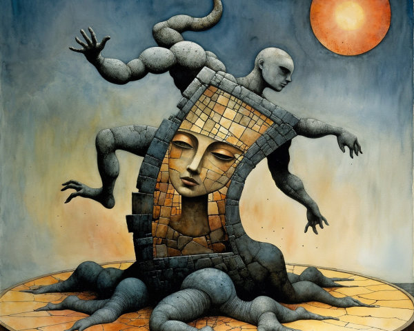 Surreal Artwork of Humanoid Figure and Fragmented Face