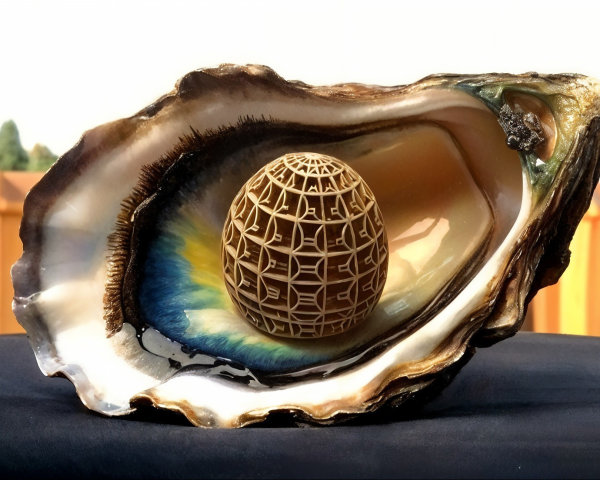 Open oyster shell with woven object at center