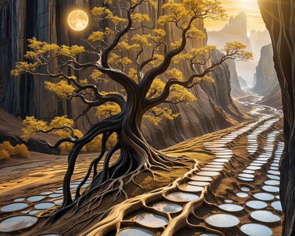 Surreal Landscape with Golden Tree and Winding River