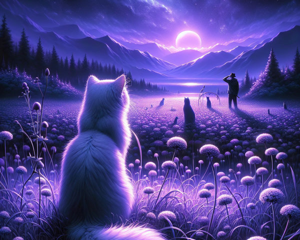 Mystical Landscape with White Cat and Sunset View