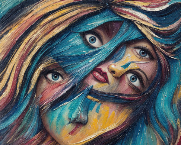 Surreal Artwork of Intertwined Human Faces and Colors