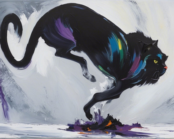 Abstract Painting of a Black Cat in Mid-Leap