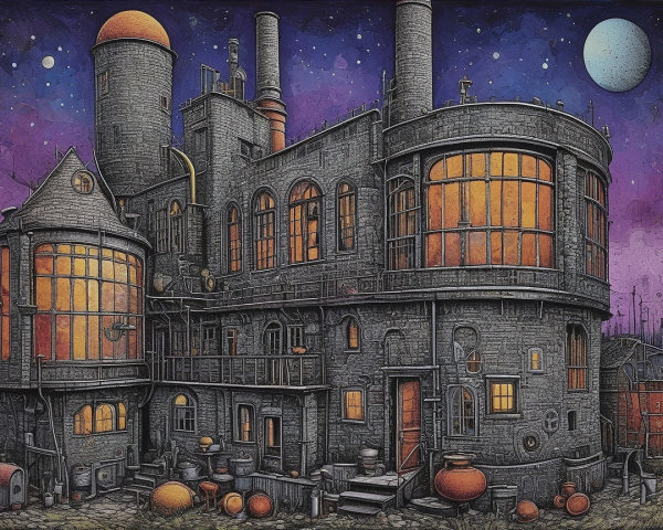 Watercolor Industrial Complex with Starry Night Sky