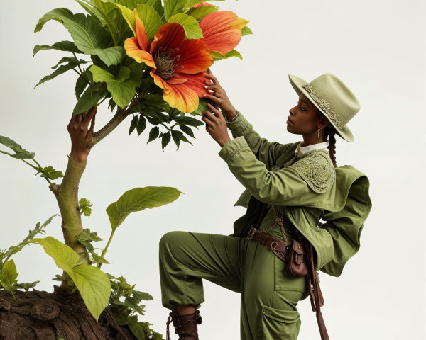 Person in Green Attire Examines Vibrant Flower on Tree