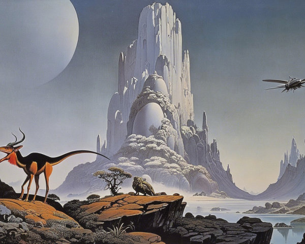 Surreal Landscape with Mountains, Moon, and Creatures
