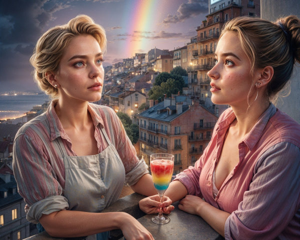 Women on Balcony Overlooking Cityscape with Rainbow