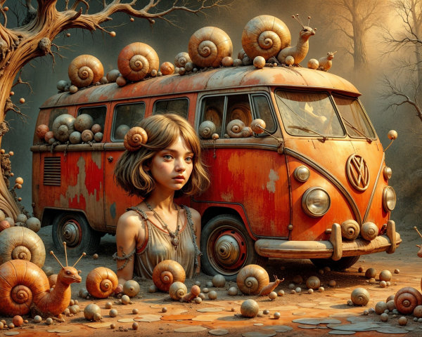 Vintage Volkswagen Van Surrounded by Snails and Nature