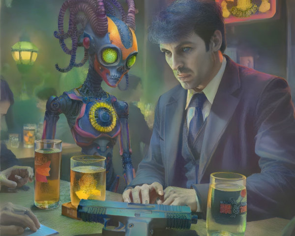 Man and Robotic Creature in Fantasy Bar Setting