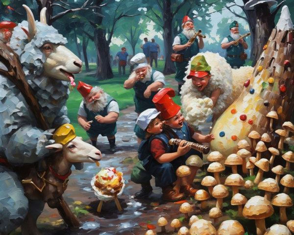 Whimsical Forest Scene with Gnomes and Animals