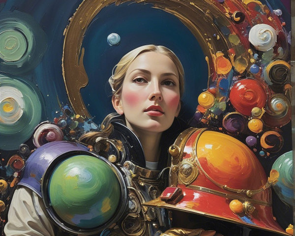 Portrait of a Woman in Colorful Space-Themed Suit