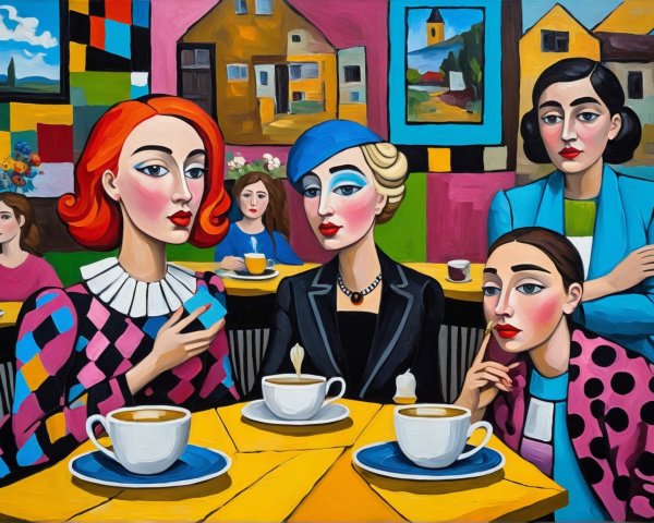 Colorful Café Scene with Five Stylish Women Seated
