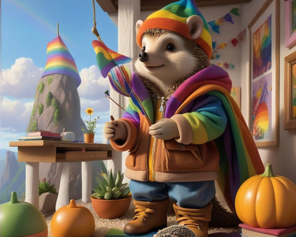 Cheerful Hedgehog in Cozy Rainbow-Themed Room