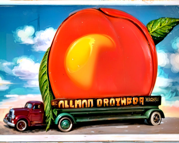 Vintage green truck under vibrant peach roadside attraction