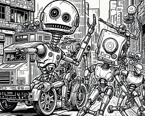 Urban Scene with Diverse Robots in Futuristic Setting