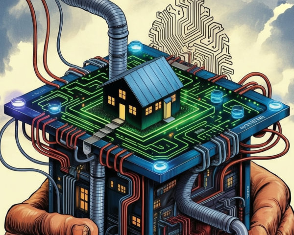 Surreal Illustration of House on Circuit Board with Hand