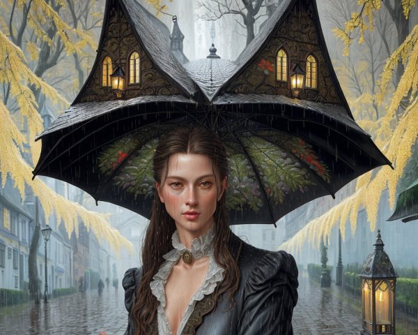 Young woman with ornate umbrella in rain-soaked street