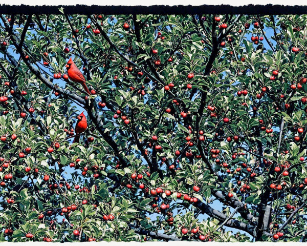 Male Northern Cardinals Among Red Berries and Green Leaves