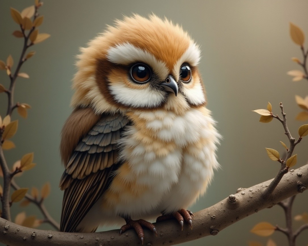 Fluffy Owl on Branch Surrounded by Delicate Leaves