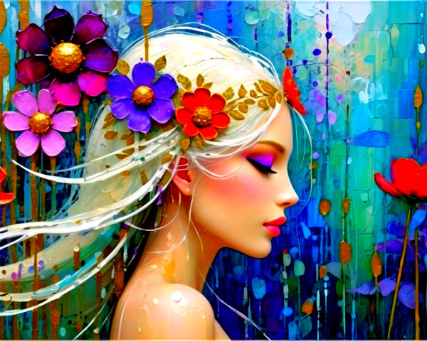 Profile of a Serene Woman with White Hair and Flowers