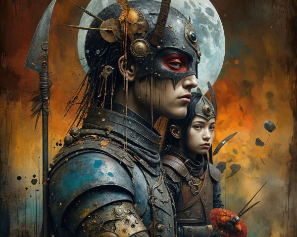 Armored Figures in Surreal Cosmic Landscape