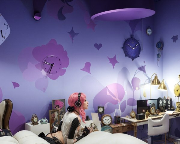 Whimsical Purple Room with Pink-Haired Girl Relaxing