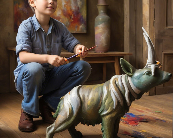 Young boy painting a dog sculpture in artist's studio