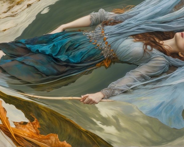 Woman in ethereal gown submerged in tranquil water