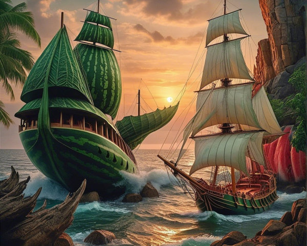 Whimsical Sunset Scene with Two Ships and Coastline