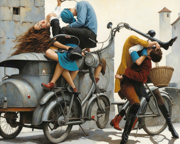 Dynamic Interaction on Vintage Motorbikes in Soft Colors
