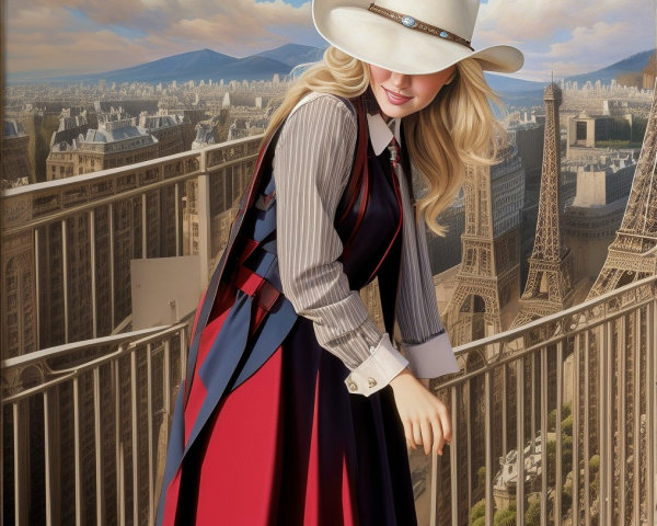 Stylish Woman in Western Outfit at Eiffel Tower Backdrop