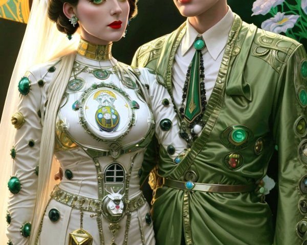 Elegant Couple in Opulent Outfits and Vibrant Jewels