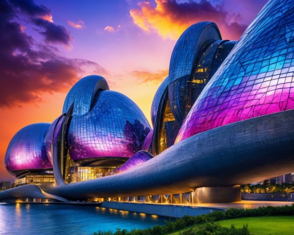 Modern architectural structure with glass facade at sunset