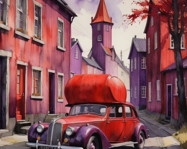 Vintage Car with Canoe in Colorful Street Scene