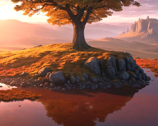 Solitary Tree on Rocky Island at Dawn with Pond