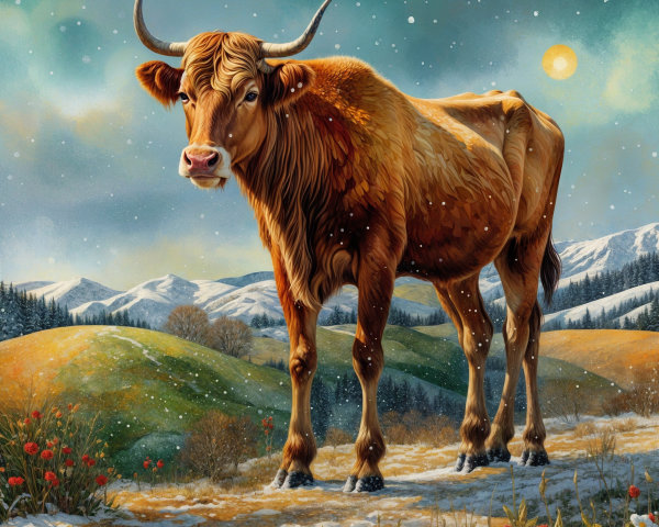 Brown Cow in Winter Landscape with Snowfall and Sunlight