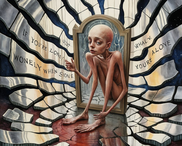 Surreal Creature in Fragmented Mirror Symbolizing Isolation