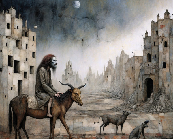 Surreal Landscape with Figure Riding a Bull at Night