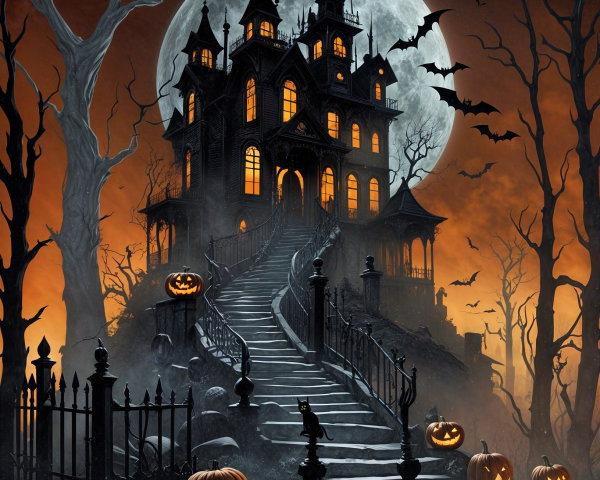 Spooky Mansion Scene for Halloween Night Setting